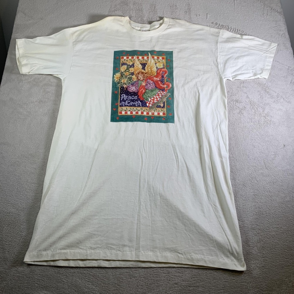 Vintage Co Max Shirt White Peace On Earth Angel USA Christmas‎ Night Gown OSFA